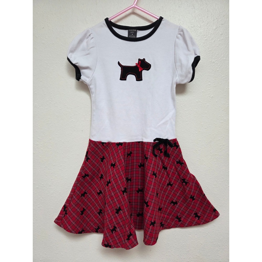Copper Key Girls Size 4 Scottie Dog Plaid Dress White Red Black Short Sleeve